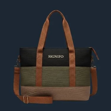 Inspirasi tote bag dari kanvas SIGNIFO dengan kombinasi warna hitam, hijau TNI, dan cream.