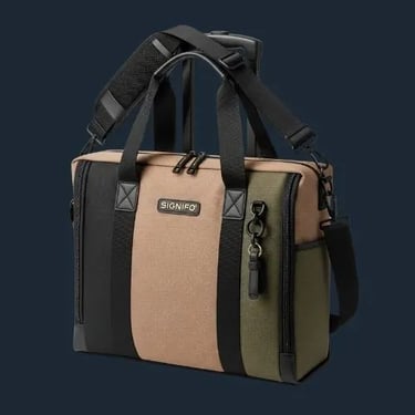 Kombinasi fungsional kanvas SIGNIFO hitam, cream, hijau TNI untuk desain tas travel modern.