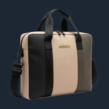 Desain tas kerja dari kanvas SIGNIFO dalam harmoni warna hitam, cream, dan hijau TNI.