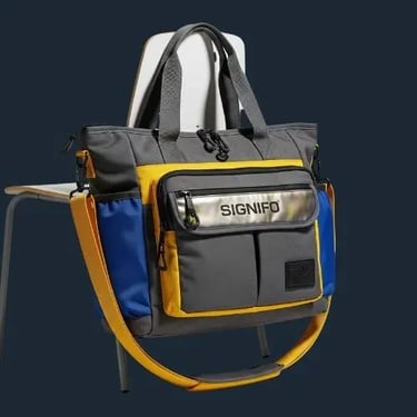 Tas multifungsi SIGNIFO tema metropolitan dari kanvas biru benhur, abu-abu, dan kuning.