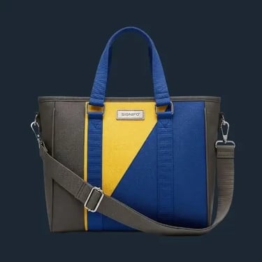 Tote bag SIGNIFO gaya metropolitan dengan kombinasi warna kanvas biru benhur, kuning, dan abu-abu.