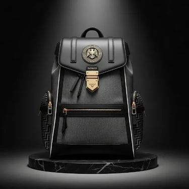 Inspirasi ransel monokrom elegan dari kanvas SIGNIFO, paduan tekstur dan aksen emas.