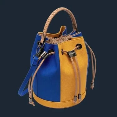 Bucket bag SIGNIFO kemewahan dunia lama dari kanvas biru benhur dan kuning tua dengan tali serut.