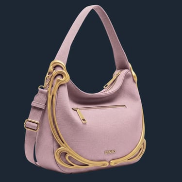 Tas hobo berwarna dusty rose mauve dengan bentuk melengkung dan detail perangkat keras emas organik.