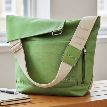 Tas messenger hijau kalem dengan strap kanvas krem dan desain kasual-elegan.