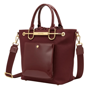 Tas jinjing Marsala dengan saku depan mengkilap, aksen emas, dan tali selempang panjang.