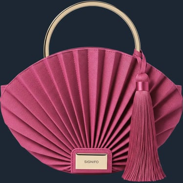 Tas jinjing merah neon berbentuk kipas terlipat dengan rumbai sutra dan gagang emas