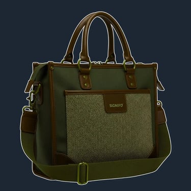 A sturdy, structured tote with a rectangular form, reinforced with dark brown leather corners and trim.