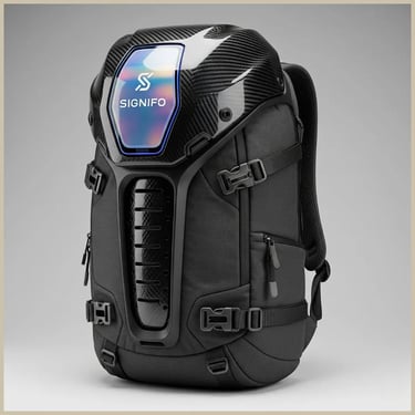 Tas ransel Abu futuristik dengan bodi kanvas bertekstur dan cangkang carbon fiber.