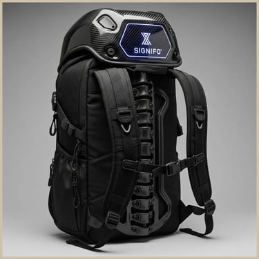 Tas ransel Hitamk futuristik dengan bodi kanvas bertekstur dan cangkang carbon fiber tampak belakang.