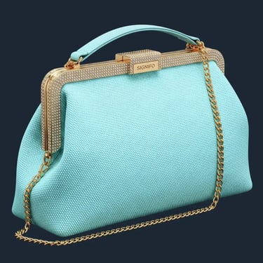 Tas clutch tote SIGNIFO warna Laguna dengan frame kristal emas dan handle rantai untuk pesta malam.