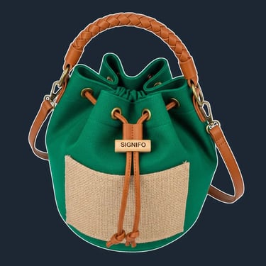 A soft, unstructured bucket-style tote with a round base and a drawstring closure.