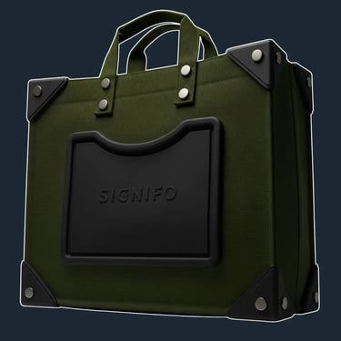 An oversized, extremely rigid tote with a severe, uncompromising rectangular shape and sharp, molded corners.