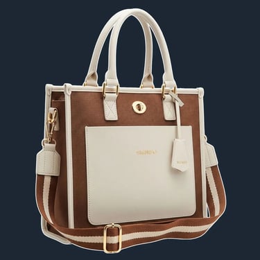 A classic, structured tote with a strong, upright silhouette, featuring a distinctive front flap closure & reinforced corners