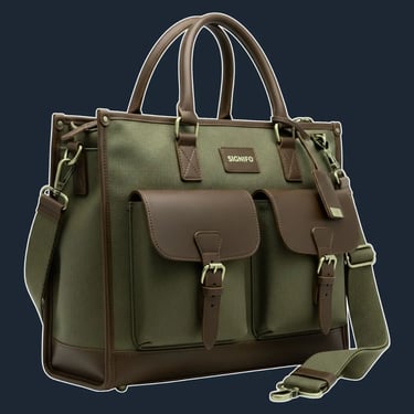 A large, structured, multi-pocket tote with a rectangular form, reinforced with heavy dark chocolate brown leather trim and a