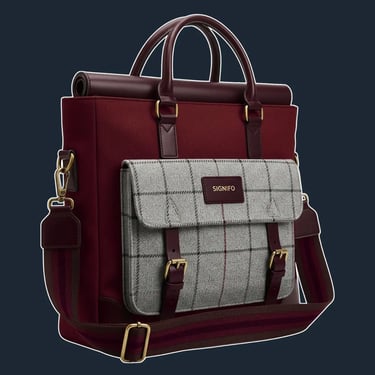 A classic, structured 'briefcase tote' with a top-handle, a sturdy rectangular form, and reinforced leather corners.