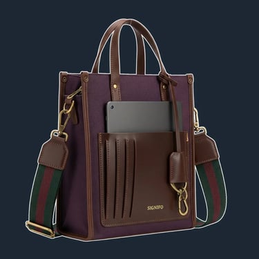 A structured, vertical 'book tote' with a rigid frame and sharp, defined corners, designed to carry books and a tablet.