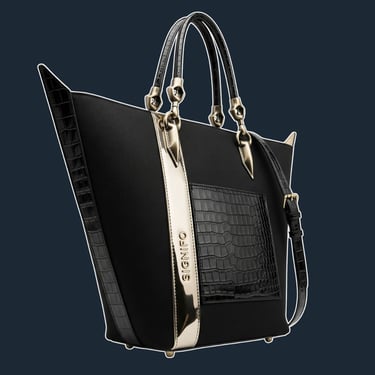 A sharply structured, north-south tote with a tapered silhouette and pointed 'bat-wing' side gussets.