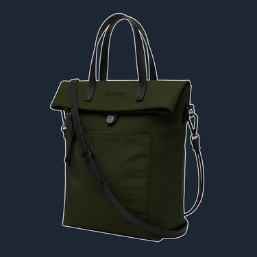 A sleek, vertically oriented tote with a fold-over top that closes with a magnetic flap, with clean and secure silhouette
