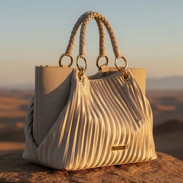 Detail tas tote "Oasis Mirage" dengan pegangan kepang dan aksen emas yang mewah.