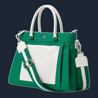 A sleek, structured north-south tote bag with pleated side gussets, mimicking a tennis skirt.