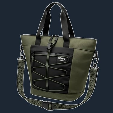 A modern, functional tote with a slightly tapered shape and a zip top. Features an external bungee cord system for securing e