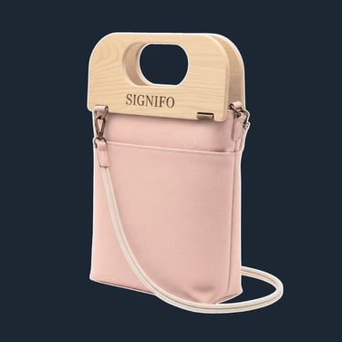 A serene, minimalist tote with a clean, upright shape and a unique, curved wooden top frame.