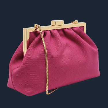 Clutch kantong berwarna merah neon dengan bingkai dan kuncian kiss-lock emas