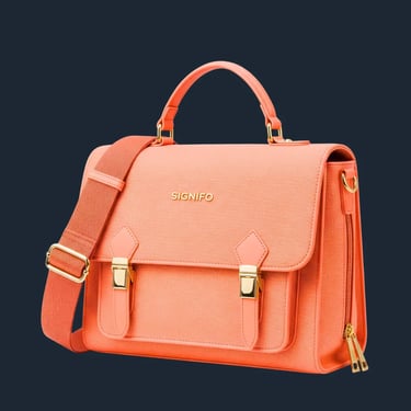 Tas satchel terstruktur berwarna peach denga perangkat keras jembatan emas.