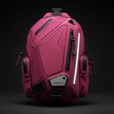 ampilan depan sling bag SIGNIFO berwarna fuchsia dengan desain tech-wear.