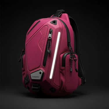 Tampilan tiga perempat dari sling bag SIGNIFO berwarna fuchsia dengan panel geometris dan lampu LED.