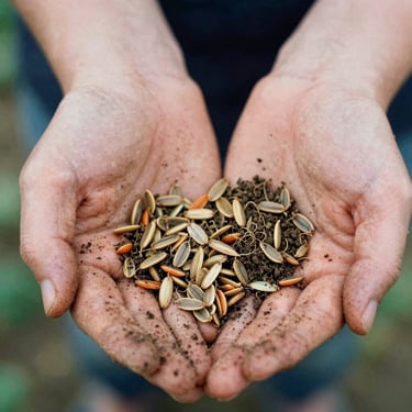 Close up of raw carrot seeds held in soil-stained hands, overcast natural light, 35mm film grain