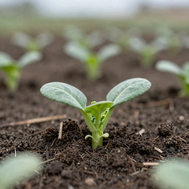 Macro shot of emerging brassica cotyledons in soil blocks under overcast daylight, high detail, earthy muted tones