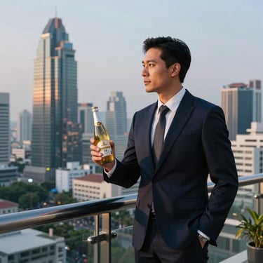 A professional man in elegant attire standing on a balcony overlooking a modern Southeast Asian / Thai city skyline, holding a premium beverage bottle. Twilight lighting.