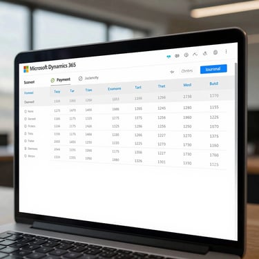 High-fidelity clean UI mockup showing a Microsoft Dynamics 365 payment journal screen, crisp technical tables with transaction lists, cool natural office daylight, professional enterprise software interface.