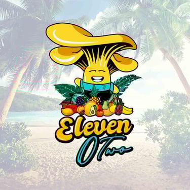 A vibrant logo for “Eleven O Two” featuring tropical fruits and a fun character, showcasing fresh, healthy vibes.