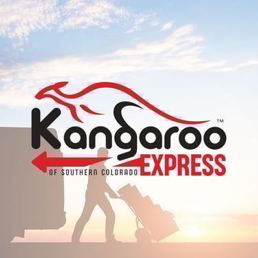 Kangaroo Express logo featuring a sleek red kangaroo design, bold text, and a silhouette of a worker with a dolly at sunrise.