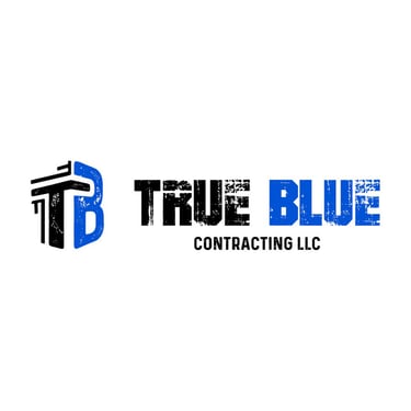 Logo design for True Blue Contracting LLC featuring a bold ‘TB’ icon in black and blue with distressed texture.