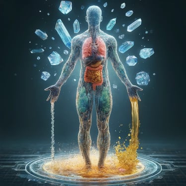 Silhouette énergétique : cristaux et fluides vitaux, symbiose futuriste et naturelle