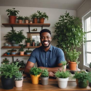 A garden scene featuring a large, weathered log surrounded by vibrant flowers and decorations. Various colorful flowers and metal ornamental pieces adorn the area, including an artificial owl figure and a decorative birdbath. The grass is lush and green, providing a natural backdrop for the array of hues and textures.