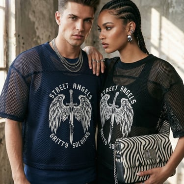 Models in urban streetwear wearing mesh graphic t-shirts and silver jewelry.