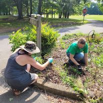 An FOPM volunteer weeding park landscape