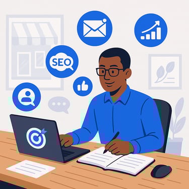 Illustration d’un consultant lisant et partageant des articles en marketing digital