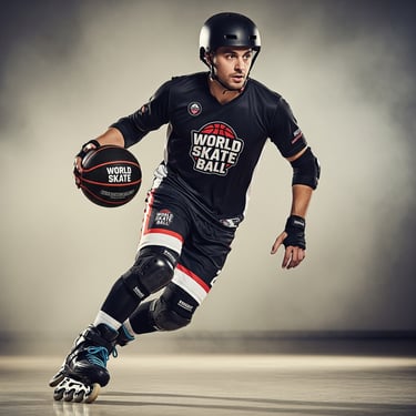 a man in a black shirt and knee pads on a skateboard