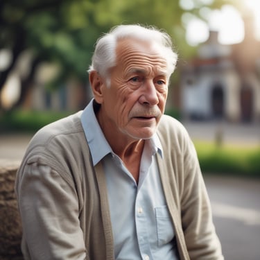 A person with facial injuries is depicted, featuring bruises, cuts, and a bandage on the forehead. The background is a muted grey color, and the focus is on the expressive eyes and the aftermath of an apparent incident.