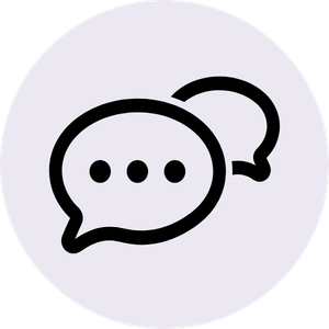 Black speech bubble icon representing customer support chat and online communication.