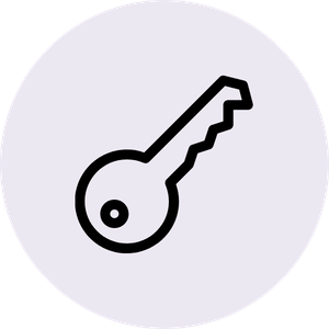 Minimalist black outline key icon representing security, access, and login inside a light purple circle.