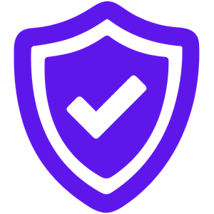 A purple security shield icon with a black checkmark representing verified protection and data safety.