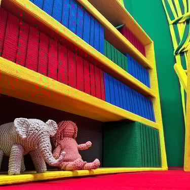 A crocheted elephant and doll sit on a bookshelf in Goodnight Moon - A Fiber Tale by Dundee & Lee artists Odeile & Chapin.