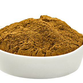 Finely ground brown cinnamon spice powder piled in a small white ceramic bowl.